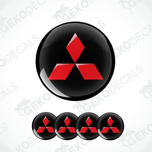 Set of four red and black Mitsubishi car wheel decals.