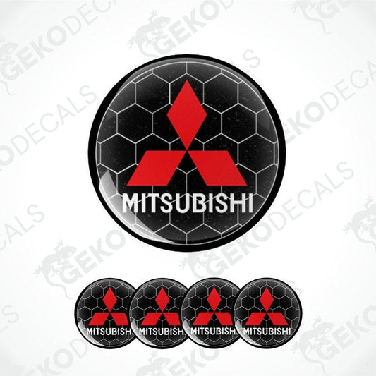 A set of four black vinyl stickers with the Mitsubishi logo in red.