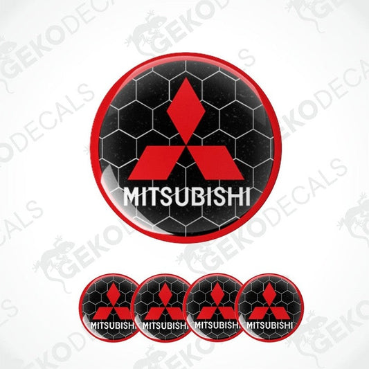 A set of four black, red, and white vinyl stickers with the Mitsubishi brand logo in the center.