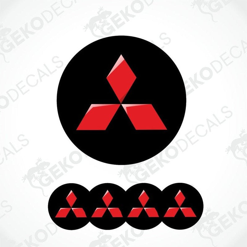 Set of four red and black Mitsubishi car wheel decals.