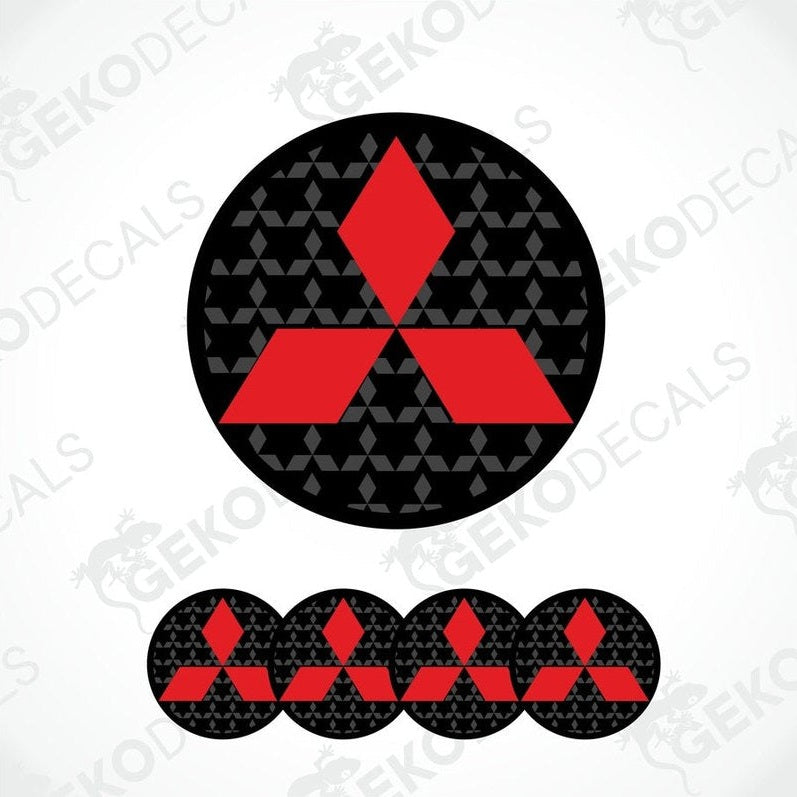 A set of four round car decals with the Mitsubishi logo in red on a black background with a geometric pattern.