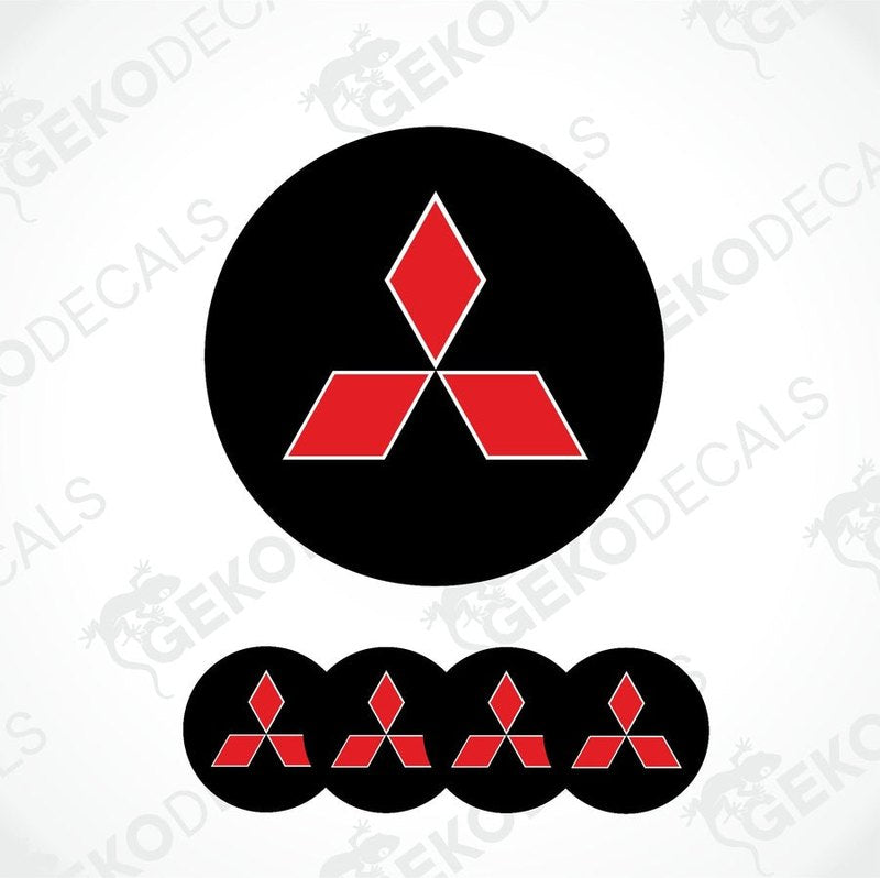 Set of four Mitsubishi car wheel decals with red and black color scheme.