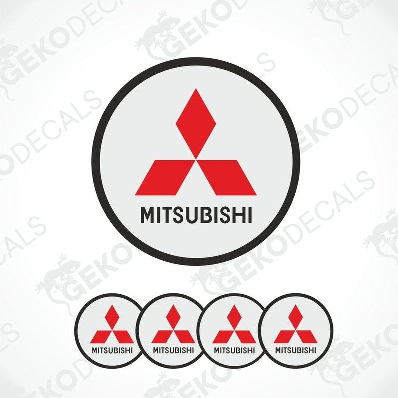 A set of four Mitsubishi car decals with the red and white Mitsubishi logo.