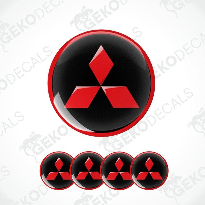 Set of four red and black Mitsubishi car wheel decals.