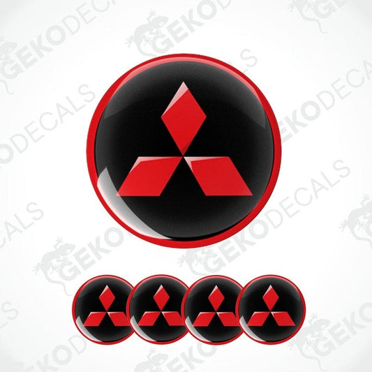 Set of four red and black Mitsubishi car wheel decals.