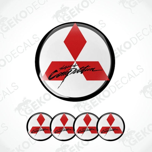 A set of four red and white Mitsubishi car decals with the 'Spirit of Competition' logo.