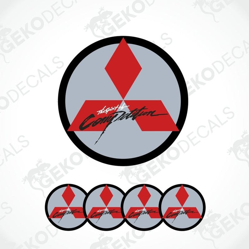 A set of four round vinyl stickers with a geometric design featuring red and gray colors and the Mitsubishi brand logo.