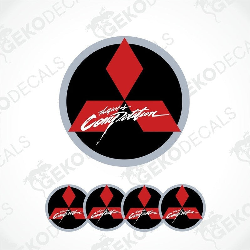 A set of four black, red, and white vinyl stickers with a geometric design and the text 'MITSUBISHI THE SPIRIT OF COMPETITION'.