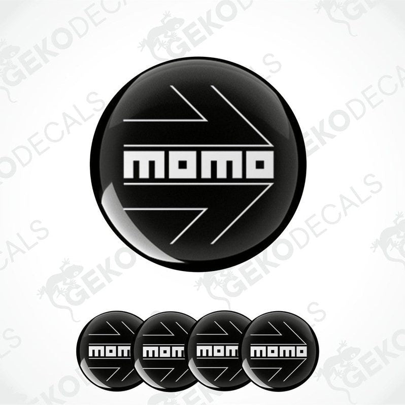 A set of black and white vinyl decals with the text 'MOMO' displayed in a circular arrangement.