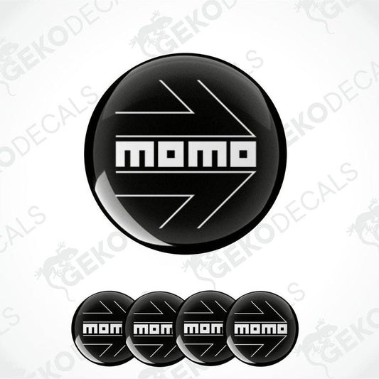 A set of black and white vinyl decals with the text 'MOMO' displayed in a circular arrangement.