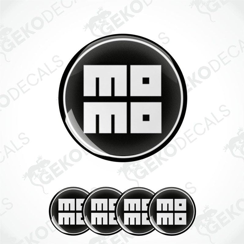 A set of black and white vinyl decals with the text 'MOMO' displayed in a circular arrangement.
