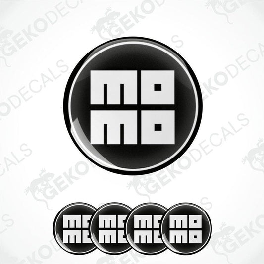 A set of black and white vinyl decals with the text 'MOMO' displayed in a circular arrangement.