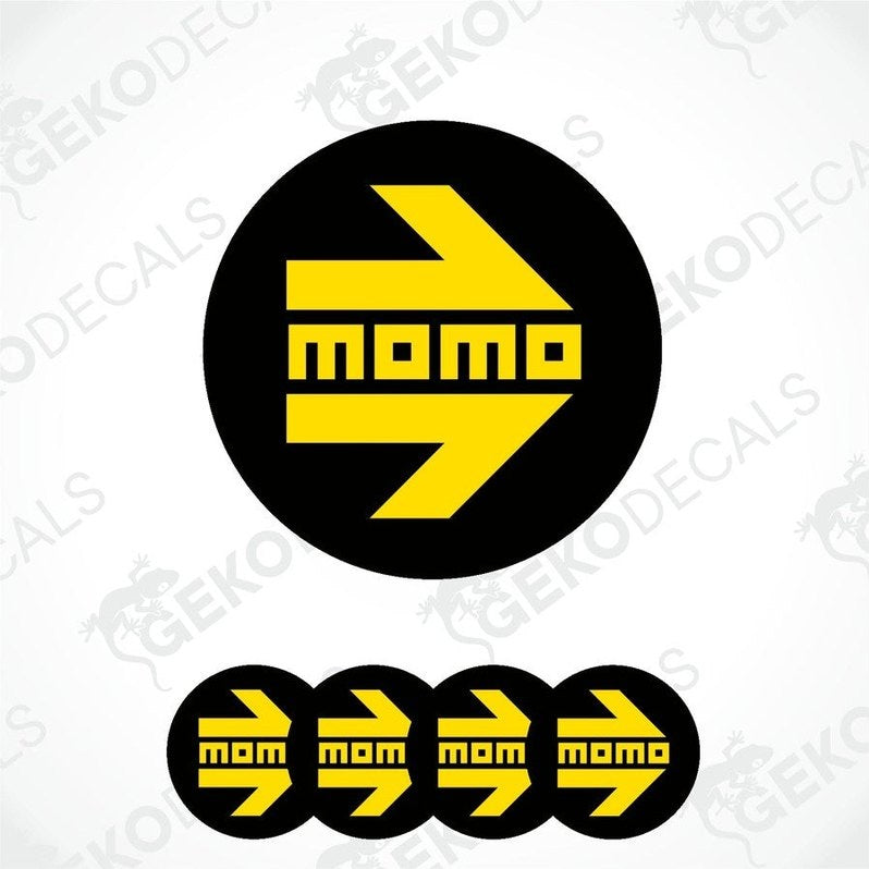 A set of four black vinyl stickers with yellow text and graphics, including the word 'MOMO' in a stylized font.