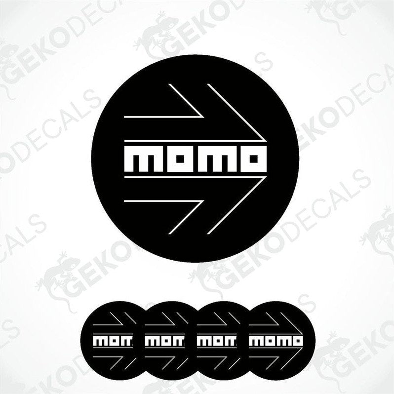A set of black and white vinyl decals with the text 'MOMO' displayed in a circular arrangement.