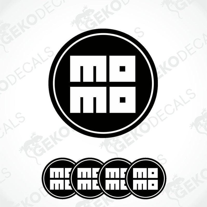 A set of black and white vinyl decals with the text 'MOMO' displayed in a circular arrangement.