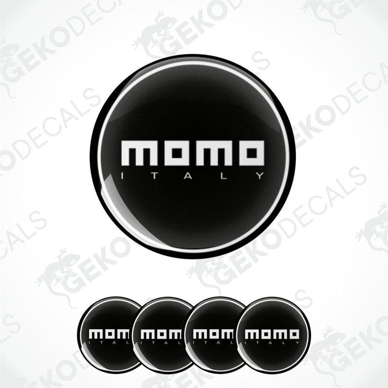 A set of four black vinyl stickers with the text 'MOMO ITALY' in white, displayed on a white background.