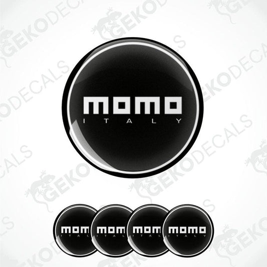 A set of four black vinyl stickers with the text 'MOMO ITALY' in white, displayed on a white background.