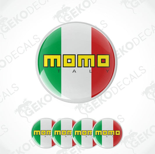 A set of round car decals with the branding 'MOMO ITALY' featuring a green, white, and red color scheme, resembling the Italian flag.