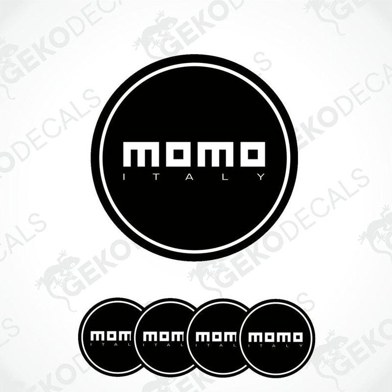 A set of four black vinyl stickers with the text 'MOMO ITALY' in white, displayed on a white background.