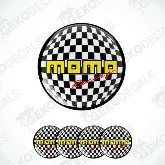 A set of four black, white, and yellow checkered vinyl decals with the text 'MOMO Racing' on them.