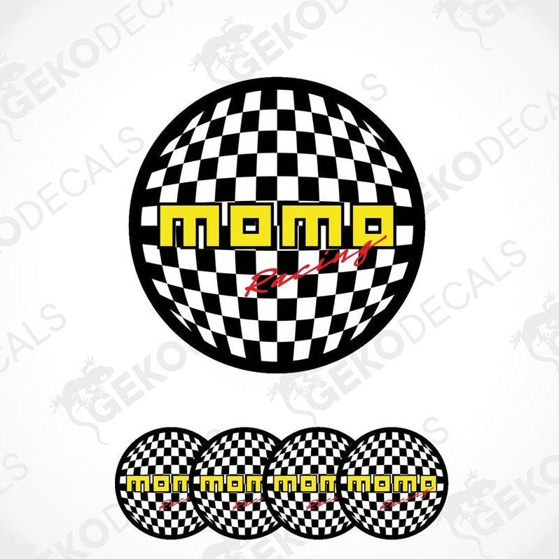A set of four black, white, and yellow checkered vinyl decals with the text 'MOMO Racing' on them.