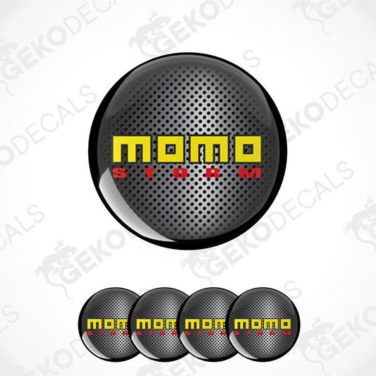 A set of vinyl decals with 'MOMO STORM' text on a black background with a honeycomb pattern. The set includes four identical decals.
