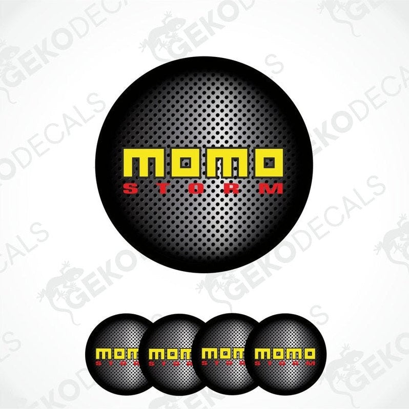 A set of vinyl decals with 'MOMO STORM' text on a black background with a honeycomb pattern. The set includes four identical decals.