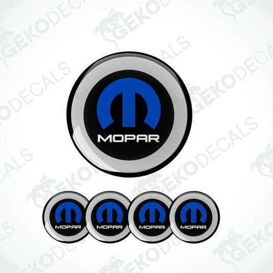 A set of four MOPAR branded vinyl decals with a polyurethane coating, displayed on a white background.