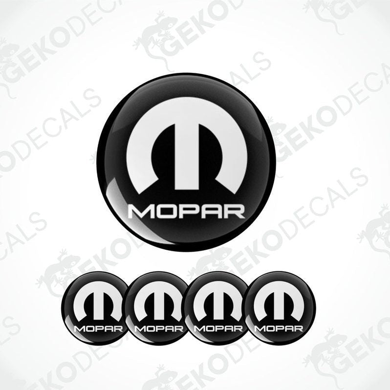 A set of four black and white MOPAR branded vinyl decals with a polyurethane coating.
