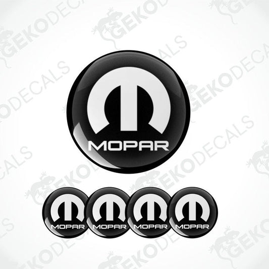 A set of four black and white MOPAR branded vinyl decals with a polyurethane coating.