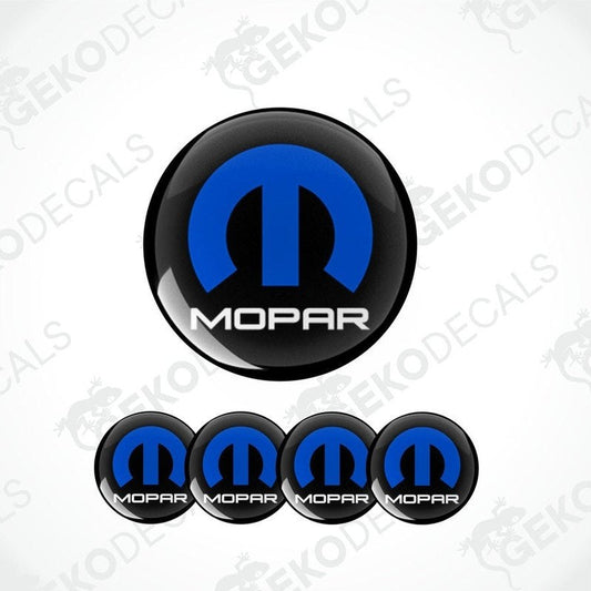 A set of four blue vinyl stickers with the MOPAR logo, designed for use as car decals.