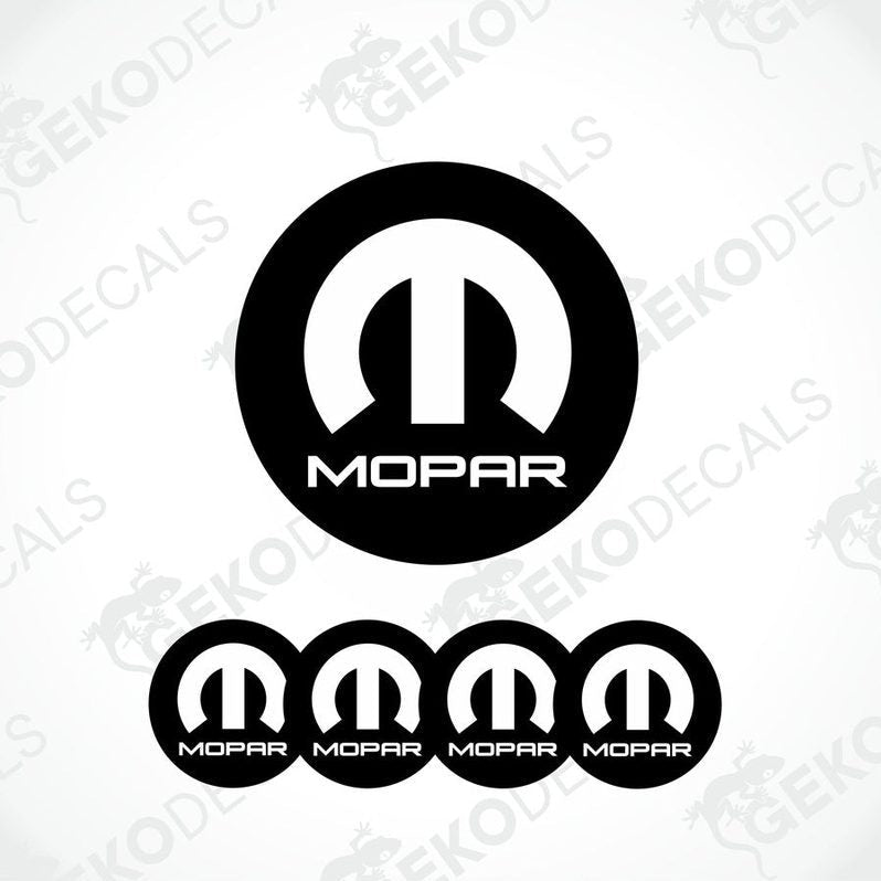 A set of four black and white MOPAR branded vinyl decals with a polyurethane coating.