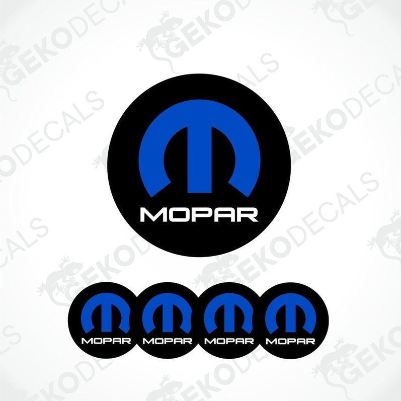 A set of four blue vinyl stickers with the MOPAR logo, designed for use as car decals.