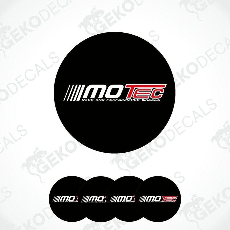 A set of four black vinyl stickers with the 'MOTEC' logo in white and red, designed for use as car wheel decals.