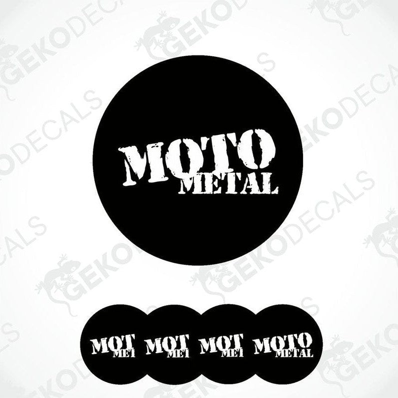 A set of four black vinyl stickers with the text 'MOTO METAL' embossed on them, arranged stacked on top of each other.