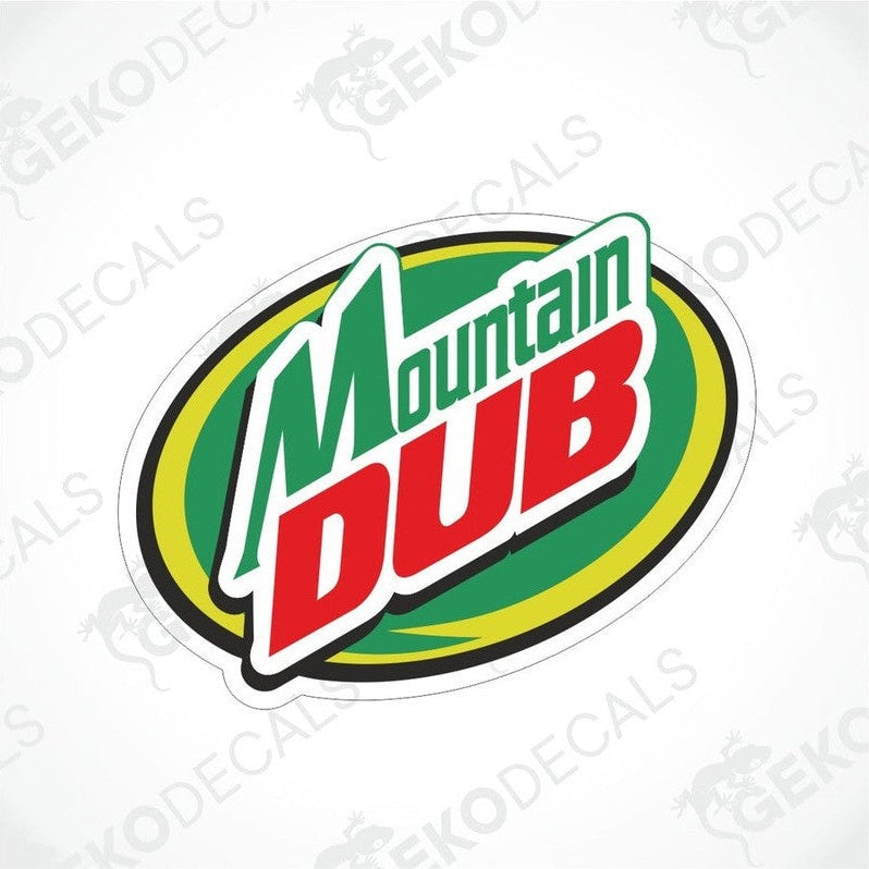 A sticker decal of the Mountain Dew logo with a green, yellow, red, and white color scheme.