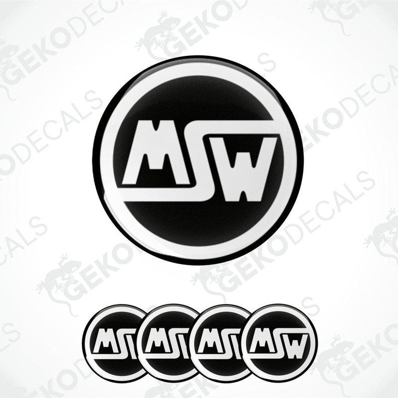 A set of four vinyl stickers with the MSW logo, predominantly black and white in color, designed for use as car decals or wheel caps.