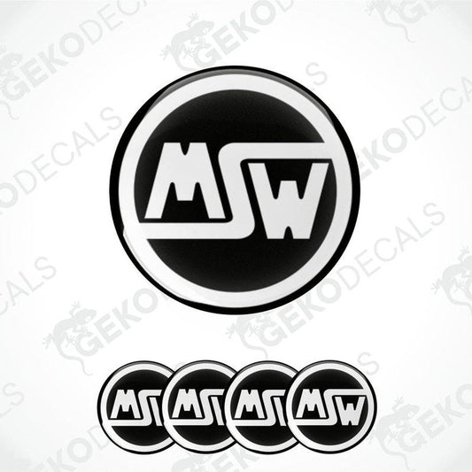 A set of four vinyl stickers with the MSW logo, predominantly black and white in color, designed for use as car decals or wheel caps.