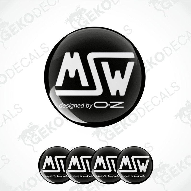 A set of four black and white vinyl stickers with the MSW logo and the text 'designed by OZ'.
