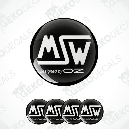 A set of four black and white vinyl stickers with the MSW logo and the text 'designed by OZ'.