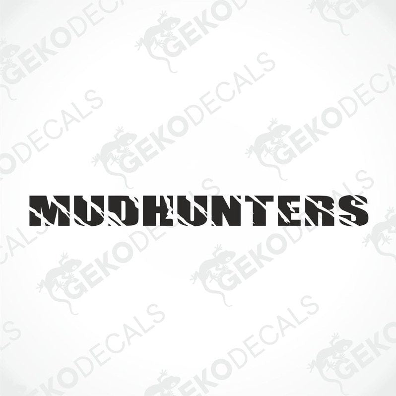 Black car windshield sticker with cut-out text MUDHUNTERS