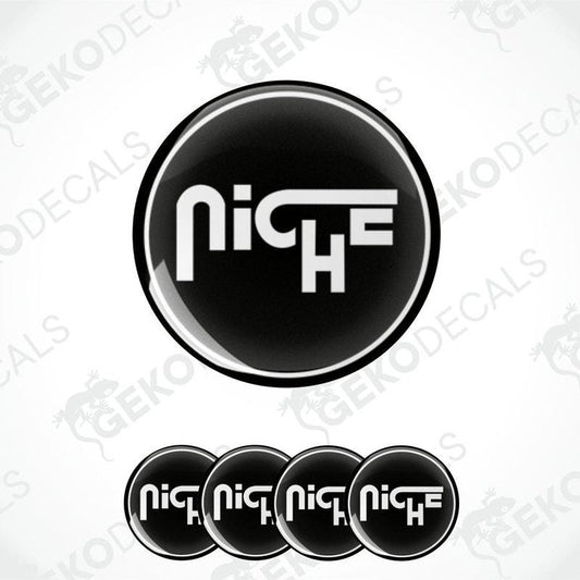 A set of four black and white vinyl decals with the NICHE brand logo.