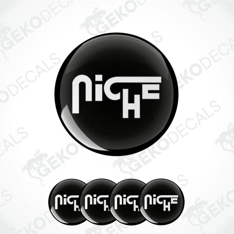 A set of four black vinyl stickers with the brand logo 'NICHE' printed on them.