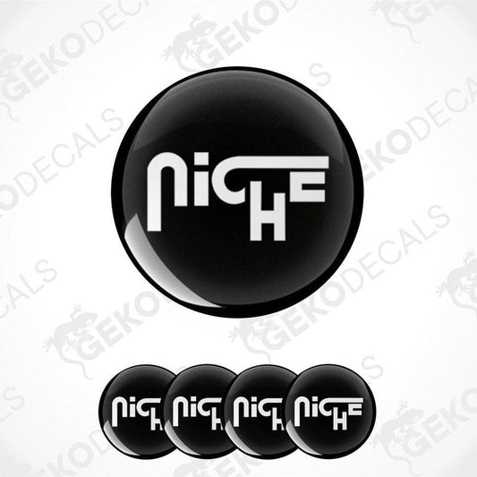 A set of four black vinyl stickers with the brand logo 'NICHE' printed on them.