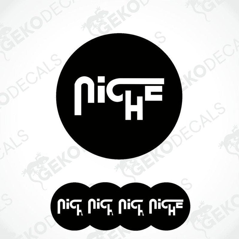 A set of four black vinyl stickers with the brand logo 'NICHE' printed on them.