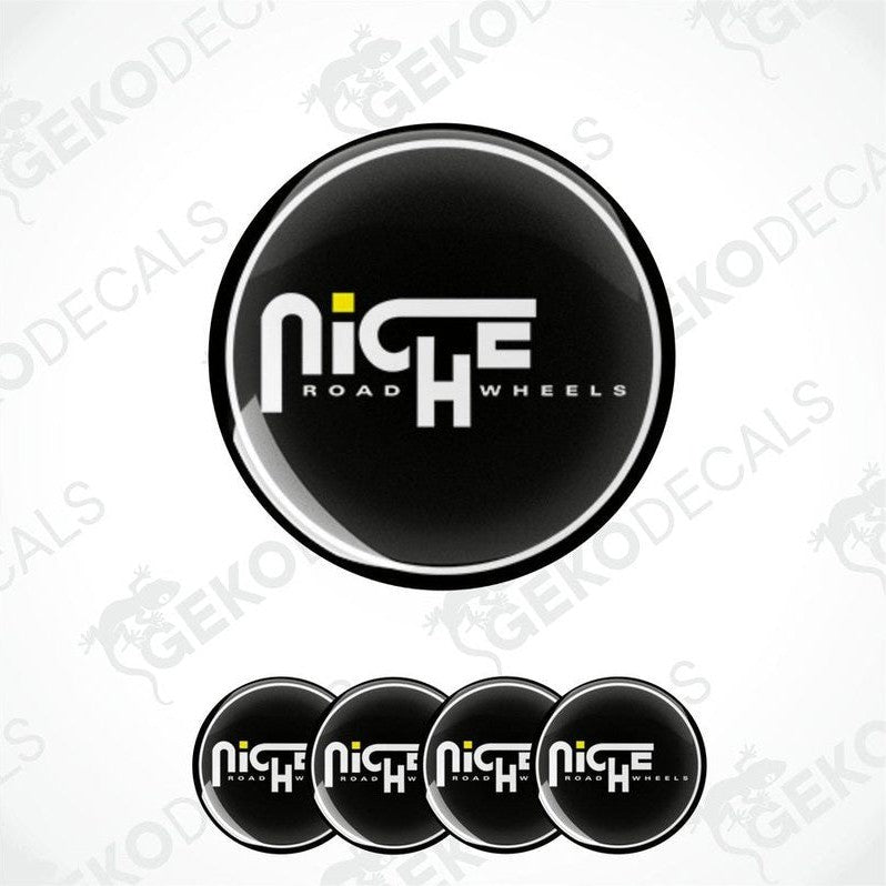 A set of four black vinyl stickers with the text 'NICHE ROAD WHEELS' and a logo design, displayed on a white background.
