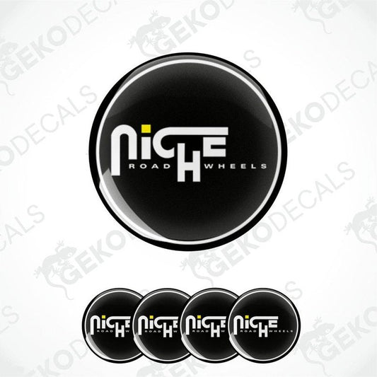 A set of four black vinyl stickers with the text 'NICHE ROAD WHEELS' and a logo design, displayed on a white background.