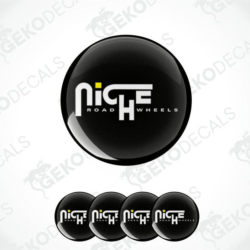 A set of black vinyl decals with the text 'NICHE ROAD WHEELS' on a white background, presented in a circular shape, suggesting they are designed to be affixed to a vehicle's wheel.