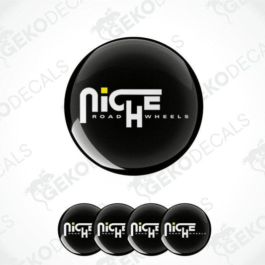 A set of black vinyl decals with the text 'NICHE ROAD WHEELS' on a white background, presented in a circular shape, suggesting they are designed to be affixed to a vehicle's wheel.