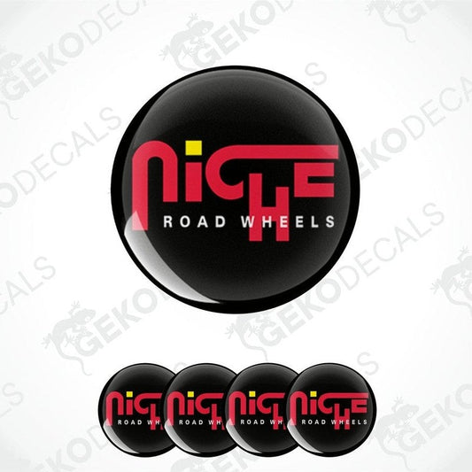 A set of four vinyl decals with polyurethane coating, featuring the text 'Niche Road Wheels' in red on a black background, designed for use as car wheel decals.